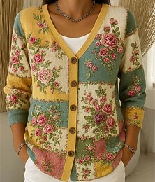 levne -Dámské Svetr Kardigan Šik ven Na běžné nošení Květinový Rýhovaný Do V Pletený Tisk Dlouhý rukáv Běžné topy Plést Denní Dovolená Jdeme ven Žhavá růžová Bílá Podzim Zima