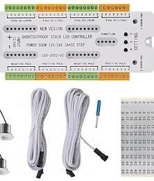 abordables -Détecteur de mouvement à 32 canaux, contrôleur d'éclairage d'escalier automatique à LED, résistant aux courts-circuits, luminosité réglable pour éclairage intérieur sous escalier DC12-24V