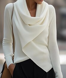 billiga -Dam Tröja Elegant Vintage Mode Ensfärgat Ribbad Halterneck Djup V-hals Plisserad Multi lager Asymmetrisk nederkant Långärmad Vanliga toppar Sticka Formell Utomhus Hem Vit Vår Höst