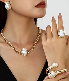 halpa -Naisten kultainen helmikorusetti juhliin - paksu ketjukaulakoru, näyttävät korvakorut, rannekoru ja sormus, barokkityyliset elegantit asusteet iltaan &viralliset tapahtumat