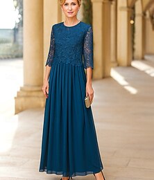 preiswerte -A-Linie Bodenlang Abendkleid Dreiviertelarm Rundhalsausschnitt Elegant Formell Spitze Polyester Brautmutterkleid mit Einfarbig