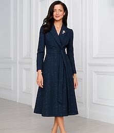 economico -Linea ad A Lunghezza Tè Vestito da Festa Abito da Cocktail Manica Lunga Colletto a Camicia Elegante Minimalista Formale Poliestere Abito da cerimonia per signora con Fascia / Nastro