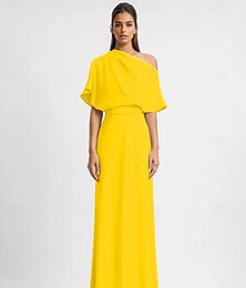 abordables -Vestido Largo A-Line Elegante Vestido Formal Larga Manga 3/4 Un Hombro Con Bolsillo Crepé Stretch con Fruncido