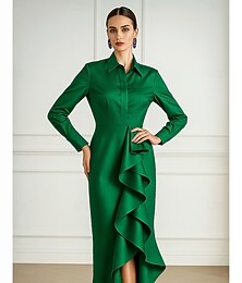 ieftine -Rochii de cocktail verzi și negre, tip coloană/teacă, elegantă, pentru nuntă, cu mânecă lungă, asimetrică, cu guler cămașă, satin și volane, 2025