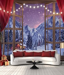 abordables -Tapisserie murale de Noël, vue sur la fenêtre, paysage d'hiver, 2025, grande décoration murale, couverture, rideau, maison de vacances, chambre à coucher, salon, décoration festive
