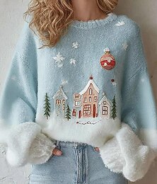 abordables -Femmes Pull Quotidien Occasionnel Graphique Côtelé Col ras du cou Tricoté Imprimé manche longue Hauts Réguliers Tricoter Noël Extérieur Week-end Bleu clair Automne Hiver