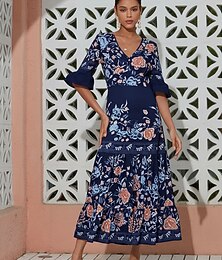 ieftine -Rochie maxi pentru femei bleumarin, decolteu în V, croială în talie, tiv în straturi, imprimeu floral, primăvară și toamnă, vacanță