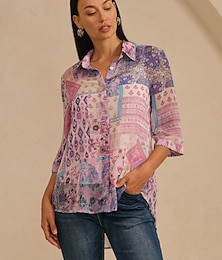 preiswerte -Damenbluse hellviolett Bohemien Kombinationsdruck Hemdkragen vorne falsche Knopfleiste lässig Urlaub Reisen Frühling Herbst