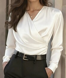 economico -Per donna Camicia Elegant Elegante Top in raso Arricciato Bottoni Drappeggiato Tinta unica Semplice Elegante Vintage Signore Manica Lunga Scollo a V Top Regolari Quotidiano Lavoro Ferie Nero Bianco