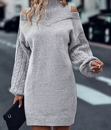 levne -Dámské Svetrové šaty Elegantní Na běžné nošení Měkké Čistá barva Rýhovaný Rolák Pletený Studené rameno Dlouhý rukáv Běžné topy Plést Venkovní Denní Víkend Černá Trávová zelená Podzim Zima