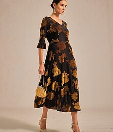 preiswerte -Damen Midikleid Samtkleid Elegant Hochzeitsgast Cocktailparty Date Normale Passform Blumen Halbarm V Ausschnitt Braun Frühling Herbst Winter