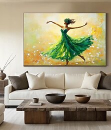 abordables -Peinture à l'huile faite main représentant une élégante danseuse en robe verte, portrait abstrait, grande toile, tableau de ballerine, art mural moderne, peinture à l'impasto au couteau à palette,