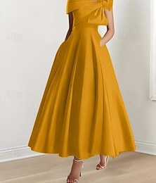 voordelige -A-lijn Tot de enkel Cocktailjurken Feestjurken Elegant Zijdeachtig Korte mouw Eén-schouder Formeel Bruiloft Roze jurk Satijn met Strik(ken)