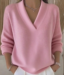 levne -Dámské Svetr Elegantní Módní Roztomilý Pevná barva Rýhovaný Do V Pletený Dlouhý rukáv Běžné topy Plést Formální Venkovní Domů Vínově rudá Světlá růžová Jaro Podzim