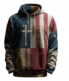 abordables -Homme Croix Drapeau Américain Sweat à capuche Mode Quotidien À capuche Vacances Soirée Vêtements de rue Bleu Impression Automne Hiver Designer