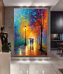 abordables -Cadeau de Noël : peinture à l'huile faite main, toile colorée représentant une promenade en ville, un couple romantique, art abstrait sur toile représentant des lumières de rue sous la pluie,