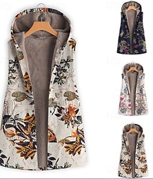 levne -Dámské Fleecová bunda Fleecová vesta Teddy Coat Pohodlné Prodyšné Kapsy Tisk Na běžné nošení Květinový Dovolená ulice Ležérní Denní nošení Otevřený vepředu Dlouhé Kapuce Běžný Bez rukávů Svrchní oděvy