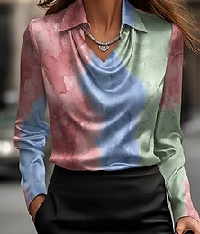 abordables -Femmes Chemise A Ombre Élégant Occasionnel manche longue Col Bénitier Hauts Réguliers Travail Quotidien Fête Imprimé Drapé Bleu Printemps Automne