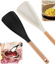 Χαμηλού Κόστους -Πολυλειτουργική σπάτουλα κουταλιού με εργονομική ξύλινη λαβή - ανθεκτικό αντικολλητικό σκεύος κουζίνας για μαγείρεμα, σερβίρισμα, γύρισμα τηγανιτών, ανακάτεμα σούπας, ανάμειξη ζύμης - μαύρο &λευκές