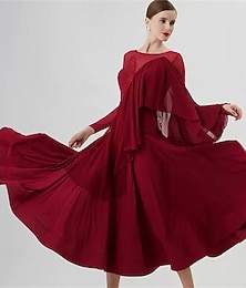 abordables -Robe de danse de salon pour femme, drapée en mousseline de soie, manches longues, élégante, pour valse, tango, foxtrot, compétition – rouge vin