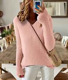 billiga -Dam Tröja Elegant Ledigt Mjukt Ren färg Ribbad V-hals Stickat Långärmad Vanliga toppar Sticka Utomhus Dagligen Helgen Svart Rodnande Rosa Höst Vinter