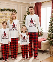 abordables -Mirada familiar Navidad Pijamas navideños familiares Pijamas Conjuntos familiares Graphic Plaid Árbol de Navidad Hogar Estampado Rojo Manga Larga Diario Trajes a juego