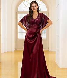 abordables -Corte A Hasta el Suelo Vestido formal Vestido de noche Manga Corta Escote en Pico Elegante Vintage Lujoso Poliéster Vestido de Madrina con Lentejuela