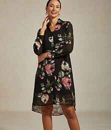 voordelige -dames mini-jurk v-hals overhemdkraag chiffon zwart bloemenprint elegant casual dagelijks vakantie lente herfst