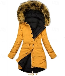 preiswerte -Damen Wintermantel Parka Warm Bequem Kordelzug Fellbesatz Reißverschluss Tasche Lässig Einfach Urlaub Straße Lässig Alltagskleidung Lang Mit Kapuze Normale Passform Langarm Oberbekleidung Silber