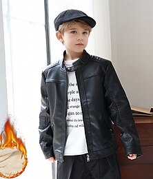 billiga -Barn Pojkar Svart skinnjacka Fleece-jacka Jakke Ytterkläder Slät Långärmad Dragkedja VATTENTÄT Håller värmen Vindtät Täcka Dagligen Mode Ledigt Svart Höst Vinter 4-12 år