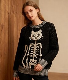 preiswerte -Damenpullover Vintage Pullover Alltag Casual Skelett gerippt Rundhals Strickdruck Langarm Normal Oberteile Strick Outdoor Halloween Wochenende Schwarz Herbst Winter