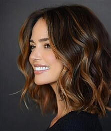 economico -Parrucche da donna con mèches color caramello da 14 pollici - parrucca ondulata lunga fino alle spalle con attaccatura dei capelli in pizzo pretagliata, riga centrale, caschetto ondulato naturale,