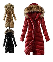 preiswerte -Damen Wintermantel Daunenjacke Kapuzenjacke Warm Bequem Reißverschluss Tasche Pelzkragen Lässig Einfach Urlaub Ausgehen Wochenende Lang Mit Kapuze Normale Passform Langarm Oberbekleidung Schwarz Rote