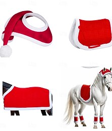 halpa -Jouluinen ratsastusasusetti - täydellinen juhlavarustussetti tonttulakin hatulla ja satulahuovalla &jalkatuet - juhlava punainen &valkoisen hevosen vaatteet