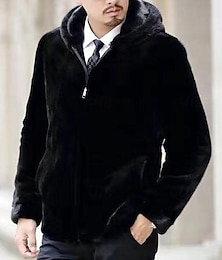 Недорогие -Муж. Зимняя куртка Повседневная куртка Искусственное меховое пальто Отпуск Повседневные Сохраняет тепло Флис Зима Полотняное плетение Мода Уличный стиль Капюшон Обычная Черный Жакеты