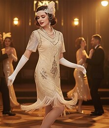 preiswerte -Set Retro Vintage Goldene Zwanziger 1920er Knielang Flapper Kleid Cocktailkleid Ausgefallene Kostüme mit Zubehör Kurze Ärmel Der große Gatsby Flapper-Mädchen Pailletten Quastenfransen V Ausschnitt