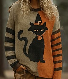 Недорогие -Женский свитер с графикой Кот Тыква Винтажная Мода Классическая Длинный Рукав Круглый Вырез Обычные Топы Повседневный Принт Оранжевый Осень Зима