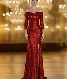 abordables -Sirène / Trompette Robe de Soirée Élégant Robe de soirée Formel Mariage Longueur au sol Manche 3/4 Épaules Dénudées Pailleté avec Froncé Paillettes Fente 2025