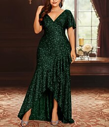 preiswerte -Meerjungfrauenschnitt Bodenlang Abendkleid Kurzarm V Ausschnitt Elegant Vintage Übergröße Paillettenbesetzt Polyester Brautmutterkleid mit Falten Paillette Geteilter Vorderteil