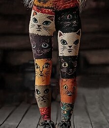 abordables -Leggings pour femmes Vacances Mode vintage Longueur complète Taille haute Graphique Chat Impression abstraite Thermique Chaud Doux Respirant Élastique Formel Extérieur Vacances Noir et Blanc Noir