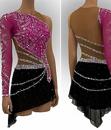 levne -šaty na krasobruslení pro dívky, růžovočervené, otevřená záda, asymetrický lem, síťovina, vysoká elasticita, trénink, soutěžní bruslařské oblečení, klasické, s krystaly/kamínky, dlouhý rukáv, bruslení