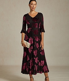 olcso -Női bársonyos midi ruha A vonalú ruha elegáns születésnapi koktél esküvői vendég bársonyos napi koktélparti normál illeszkedésű virágmintás félhosszú ujjú V-nyakú sötétkék tavasz ősz tél