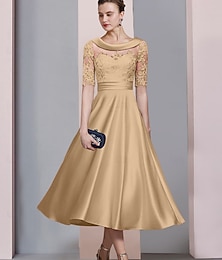 baratos -Linha A Longuette Vestido de festa Vestido Coquetel Vestido Flare Meia Manga Scoop pescoço Elegante Vintage Convidado do casamento Cetim Renda Vestido Para Mãe dos Noivos com Franzido Apliques