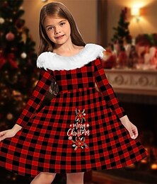 levne -Vánoce Girls ' 3D Květinový Grafika Pléd Šaty Dlouhý rukáv Jaro Podzim Dovolená Denní Krásná Sladký Děti 4-12 let Šaty na párty Áčkové šaty Délka ke kolenům Běžný