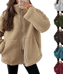 preiswerte -Damen Wintermantel Teddymantel Warm Bequem Reißverschluss Tasche Lässig Einfach Urlaub Straße Lässig Alltagskleidung Regulär Umlegekragen Normale Passform Langarm Oberbekleidung Schwarz Wein Blau