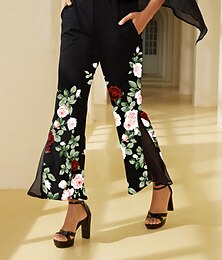 economico -pantaloni da donna in tessuto elasticizzato con stampa floreale in chiffon, pannelli trasparenti, gamba svasata, elastico in vita, eleganti, comodi, quotidiani, da lavoro, autunno