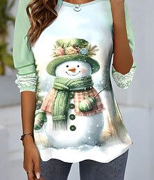 abordables -Noël Femmes T-shirt Graphique Bonhomme de neige ancien Mode Élégant manche longue Col ras du cou Col rond Hauts Réguliers Quotidien Week-end Imprimé Vert Claire Rose Claire Rouge Bleu Orange Automne