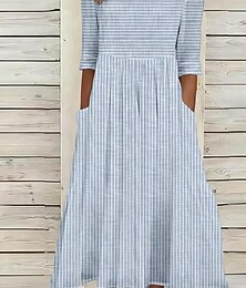 olcso -Női Midi ruha hétköznapi ruha A vonalú ruha Elegáns Stílusos Alkalmi Vakáció Napi Laza öltözet Csík Rövid ujjú Terített nyak Szürke Világoskék Nyár Tavasz