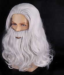abordables -Perruque blanche longue et bouclée pour homme, avec barbe assortie, accessoire de déguisement pour homme âgé, Père Noël, magicien ou cosplay.