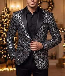 お買い得  -男性用 ブレザージャケット ブレザー ピークドラペル パーティー 光沢タイプ カジュアル プリント シルバー ブラック レギュラー